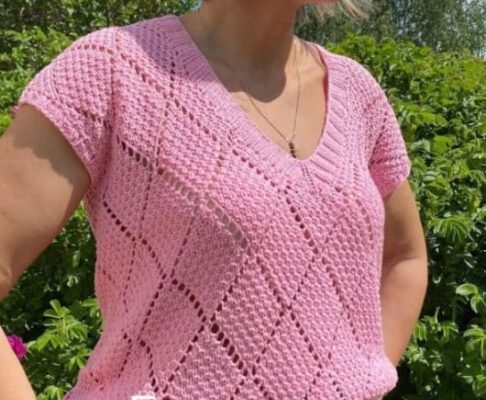 Розовый топ из пряжи Alize Cotton Gold спицами
